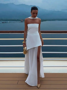 Elegant White Mesh Splicing Slim Women Strapless Dress Chic Scarf Neck Off Shoulder High Waist Long Dresses Lady Party Robes