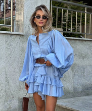 Load image into Gallery viewer, Fashion Women&#39;s Ruffles Short Dress Elegant Round Neck Lace Up Lantern Long Sleeve Mini Vestido Chic Female 2025 Solid Dresses
