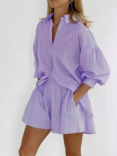 Load image into Gallery viewer, 2024 Spring Summer Solid Cotton Short Two Piece Set Women Stripe Long Sleeve Shirts Shorts 2 Piece Sets Simple Style Lady Suit
