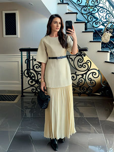 Elegant O Neck Short Sleeve Maxi Dress Women Fashion Solid Pleated Gauze Patchwork Dresses 2025 New Lady Office Commute Vestidos