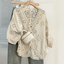 Load image into Gallery viewer, Boho Crochet Cardigan - Romantic Floral &amp; Geometric Lace Cover-Up For Vacation &amp; Daily Wear | Lightweight V-Neck Button-Up Knit
