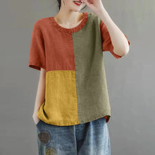 Load image into Gallery viewer, Women Patchwork Blouse 2024 Summer Short Sleeve Tunics Fashion Round Neck Shirts Casual Loose Holiday Cotton Linen Tops
