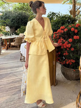 Load image into Gallery viewer, Tossy Summer Ruffled 2 Piece-Set Maxi Skirt For Women V-Neck Lace-Up Short Sleeve Shirts Top And Slim High Waist Long Skirt Sets
