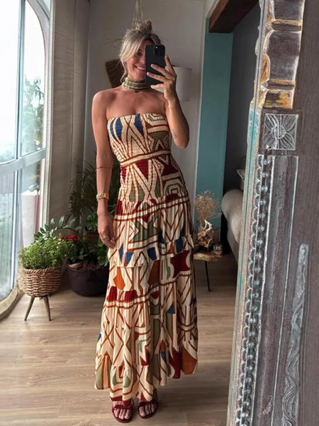 Fashion Printed Layered Curling Edge Patchwork Dresses Chic Full Sleeve Pleated U Neck Gown New Lady Vacation Highstreet Vestido