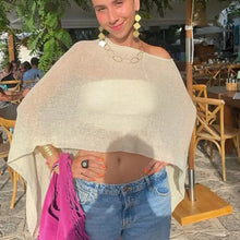 Load image into Gallery viewer, Summer Irregular Knitted Cover-ups Crop Tops Y2k Aesthetic Vintage Smocked T-shirt Boho Beach Vacation Going Out Pullovers Tees
