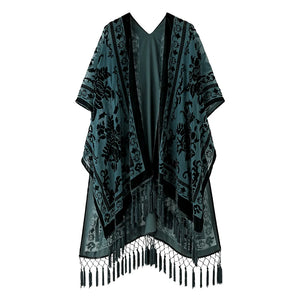 WeHello Bohemian burnt plush kimono Women's long Purple Tassel Beach Cover-up  Holiday Casual Cardigan Shawl JYPF-20