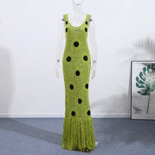 Load image into Gallery viewer, Women Sexy See Through Knitted Maxi Dress Hollow Out Deep Neck Pot Robes Tassel Hem Fork Party Vestidos 2025 New Lady Club Dress
