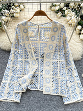 Load image into Gallery viewer, Vintage Boho Loose Plaid Cardigans Female Long Sleeves Hook Flower Hollow Tops 2025 Vacation Sunscreen Casual Shirt
