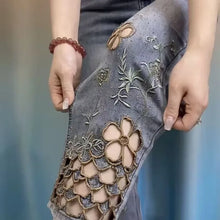 Load image into Gallery viewer, Women High End Hollowed Out Embroidered Denim Eight Cigarette Tube Pants 2025 New Summer Thin High Waist Stylish Denim Tube Pant
