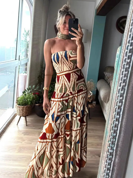 Fashion Printed Layered Curling Edge Patchwork Dresses Chic Full Sleeve Pleated U Neck Gown New Lady Vacation Highstreet Vestido