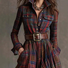 Load image into Gallery viewer, European American Women&#39;s Shirt Maxi Dress Autumn Casual Long Sleeve Button Pocket Plaid Print Lapel Retro Long Dress Vestidos
