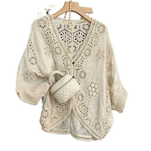 Load image into Gallery viewer, Boho Crochet Cardigan - Romantic Floral &amp; Geometric Lace Cover-Up For Vacation &amp; Daily Wear | Lightweight V-Neck Button-Up Knit
