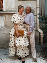 Load image into Gallery viewer, Chic Puffy Layered Ruffles Polka Dot Print Skirt Sets Women Elegant O-neck Bubble Short Sleeve Tops Suit lady Evening Partywear
