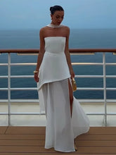 Load image into Gallery viewer, Elegant White Mesh Splicing Slim Women Strapless Dress Chic Scarf Neck Off Shoulder High Waist Long Dresses Lady Party Robes
