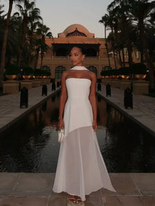 Elegant White Mesh Splicing Slim Women Strapless Dress Chic Scarf Neck Off Shoulder High Waist Long Dresses Lady Party Robes