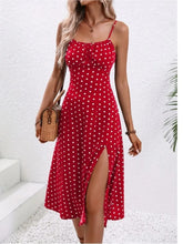 Load image into Gallery viewer, 2024 Summer Sexy Spaghetti Straps Dress Women Fashion Polka Dot Print Sleeveless Slit Dress Boho Casual Beach Midi Dresses
