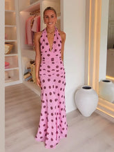 Load image into Gallery viewer, Pink Chiffon Polka Dot Printing Halter Maxi Dress Women Elegant Sleeveless Backless Skinny Pleated Robe Beach Evening Party Gown
