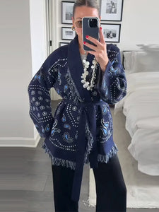 Tassel Patchwork Printed Cardigan Women Geometric Patterns Belts V-neck Long Sleeve Knitted Street Lady Sweater 2025 Autumn Coat