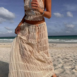 Pleated Crop Tops Long Skirt Suit Women Halter Sleeveless Backless Skirts Set 2024 Summer Ladies Sexy 2 Piece Set Beach Outfit