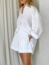 Load image into Gallery viewer, 2024 Spring Summer Solid Cotton Short Two Piece Set Women Stripe Long Sleeve Shirts Shorts 2 Piece Sets Simple Style Lady Suit
