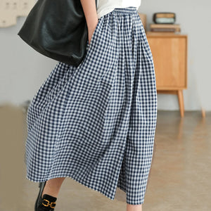 Summer New Culotte Pants High Waist Pleated Slanted Pocket A-Shaped Wide Leg Covering Span Checkered Printing Trousers