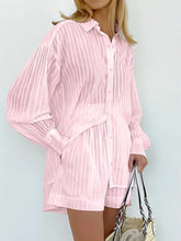 Load image into Gallery viewer, 2024 Spring Summer Solid Cotton Short Two Piece Set Women Stripe Long Sleeve Shirts Shorts 2 Piece Sets Simple Style Lady Suit
