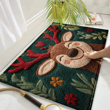 Load image into Gallery viewer, 1pc Fluffy Christmas Deer Microfiber Bath Mat - Quick-Dry &amp; Absorbent, Festive Holiday Design with Red Berries &amp; Green Leaves
