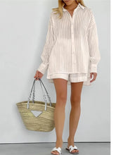 Load image into Gallery viewer, 2024 Spring Summer Solid Cotton Short Two Piece Set Women Stripe Long Sleeve Shirts Shorts 2 Piece Sets Simple Style Lady Suit
