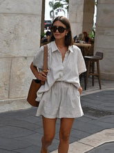 Load image into Gallery viewer, Women Fashion Stripe Print Lace-up Shorts Set Oversized Lapel Short Sleeve Single Breasted Shirts Suit Lady Casual Street Outfit
