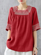 Load image into Gallery viewer, Elegant Women Square Neck Half Sleeve Work Blouses Summer Embroidery Shirt Fashion Holiday Tunic Tops Loose Blusas Mujer
