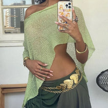 Load image into Gallery viewer, Summer Irregular Knitted Cover-ups Crop Tops Y2k Aesthetic Vintage Smocked T-shirt Boho Beach Vacation Going Out Pullovers Tees
