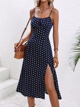 Load image into Gallery viewer, 2024 Summer Sexy Spaghetti Straps Dress Women Fashion Polka Dot Print Sleeveless Slit Dress Boho Casual Beach Midi Dresses
