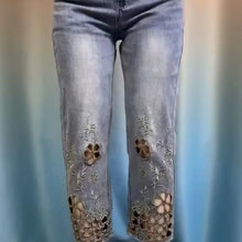 Load image into Gallery viewer, Women High End Hollowed Out Embroidered Denim Eight Cigarette Tube Pants 2025 New Summer Thin High Waist Stylish Denim Tube Pant
