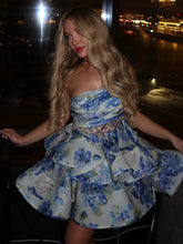 Load image into Gallery viewer, Single Shoulder Hollow Out Dresses Woman Pleated Printed Sleeveless Short Dress Elegant Fashion New Women&#39;s Fluffy Mini Dress
