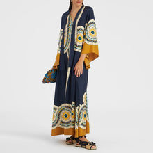 Load image into Gallery viewer, Ethnic Retro Spring Print Boho Long Dress Women Sexy Stand Collar Lace-up Party Dress Fall Long Sleeve Loose Ladies Maxi Dresses
