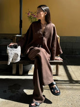 Load image into Gallery viewer, Summer Brown Cotton Linen Loose Pants Sets Fashion V-neck Lace Up Long Sleeve Shirt Suit 2025 New Women&#39;s Casual 2 Piece Outfits
