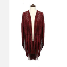 Load image into Gallery viewer, Camel Suede Floral Hollow Out Fringe Tassel Shawl Women Vintage Capes Ponchos Autumn Bohemian cardigan Cloak Boho Capes
