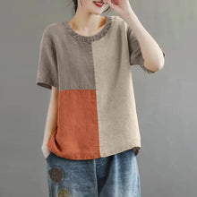 Load image into Gallery viewer, Women Patchwork Blouse 2024 Summer Short Sleeve Tunics Fashion Round Neck Shirts Casual Loose Holiday Cotton Linen Tops
