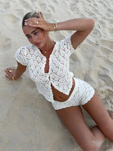 Load image into Gallery viewer, Women Crochet Hollow Out Top Shorts Set Fashion Round Neck Cardigan Crop Tops 2 Piece Sets Summer Lady Y2k Beach Party Outfit
