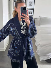 Load image into Gallery viewer, Tassel Patchwork Printed Cardigan Women Geometric Patterns Belts V-neck Long Sleeve Knitted Street Lady Sweater 2025 Autumn Coat
