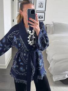 Tassel Patchwork Printed Cardigan Women Geometric Patterns Belts V-neck Long Sleeve Knitted Street Lady Sweater 2025 Autumn Coat