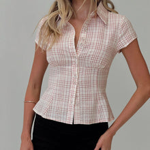 Load image into Gallery viewer, hirigin Women&#39;s Y2K Short Sleeve Plaid Button Down Shirt Button Down Blouses Tops Casual Summer Shirt Tops 90s Streetwear
