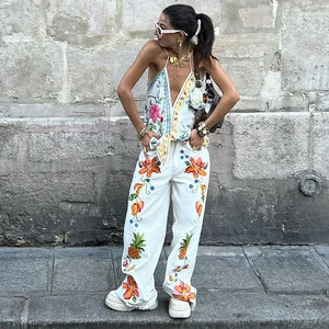 Women Holiday Casual Printed Two Piece Set Fashion Sleeveless Halter Tops And Wide Leg Pants Set Female Loose Street Outfits New