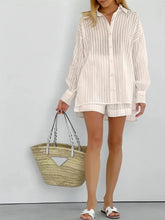 Load image into Gallery viewer, 2024 Spring Summer Solid Cotton Short Two Piece Set Women Stripe Long Sleeve Shirts Shorts 2 Piece Sets Simple Style Lady Suit
