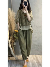 Load image into Gallery viewer, Faionable Cotton Linen Set Women&#39;s Summer New Print Patchwork Slimming Two-Piece Top Harlan Pants Fake Two-Piece Suit
