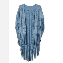 Load image into Gallery viewer, Camel Suede Floral Hollow Out Fringe Tassel Shawl Women Vintage Capes Ponchos Autumn Bohemian cardigan Cloak Boho Capes
