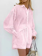 Load image into Gallery viewer, 2024 Spring Summer Solid Cotton Short Two Piece Set Women Stripe Long Sleeve Shirts Shorts 2 Piece Sets Simple Style Lady Suit

