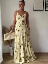 Load image into Gallery viewer, Yellow Print V Neck Sling Maxi Dresses Elegant Sleeveless Backless High Waist Pleated Long Dress Lady New Summer Commute Robes
