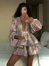 Load image into Gallery viewer, Elegant Print Ruffles Mini Dress Women Deep V Neck Long Sleeves A Line Dresses Female 2025 Spring New Fashion Fluffy Robe Lady
