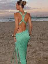Load image into Gallery viewer, Sexy Knit High Slit Backless Long Dress Women Green Ribbed Hollow V-neck Dresses Female 2025 Summer Lady Beach Party Robes New
